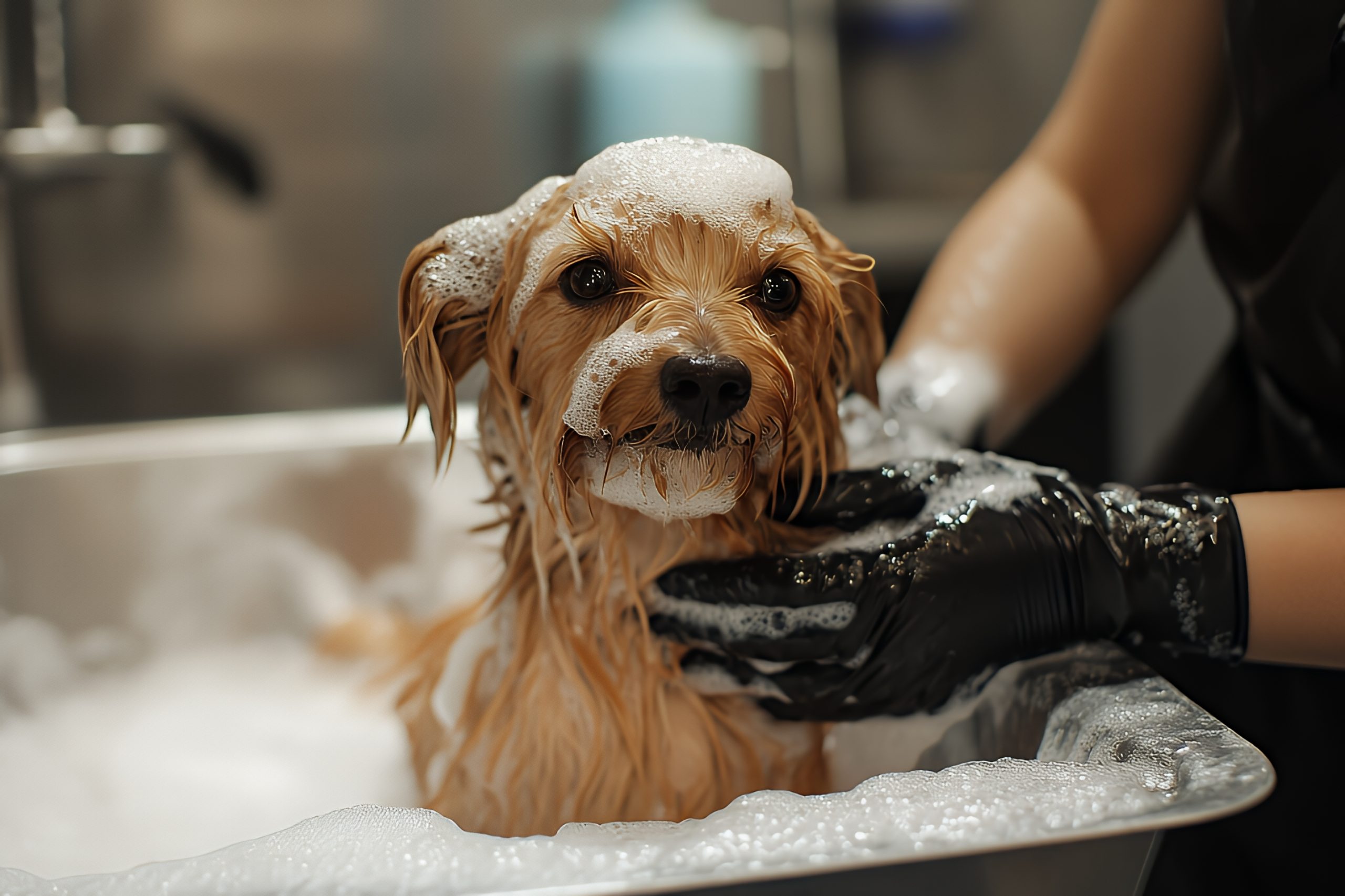 A dog being bathed with soap in a sink by a person wearing gloves.